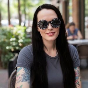 Killstar ✦ Elements Round Sunglasses ✦ Black Frame White Graphic Lens Detail NWT